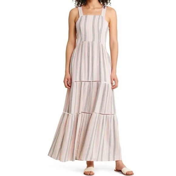 Caslon Cabana Stripe Linen Lattice Trim Tiered Maxi Dress Vertical Stripes - Picture 1 of 14